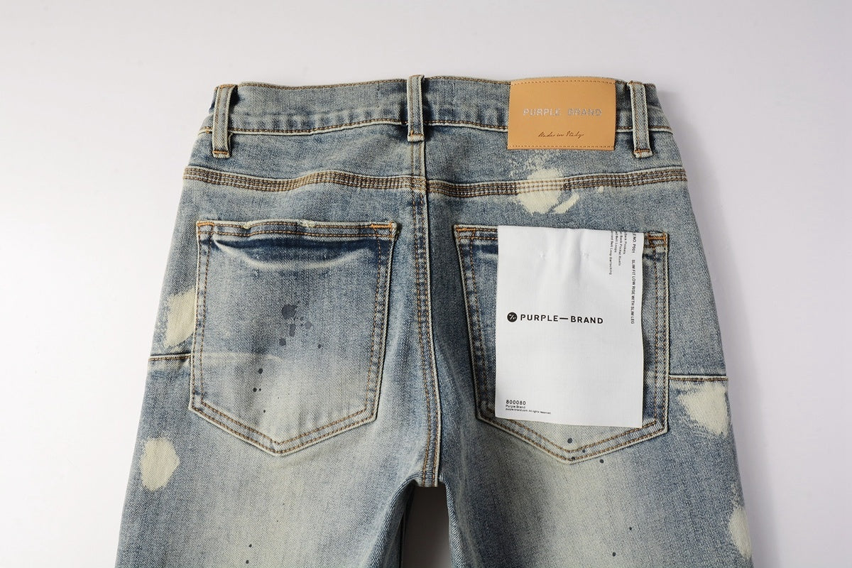 Men's Distressed Light Blue Graffiti Skinny Jeans with Ripped Holes & Button Fly