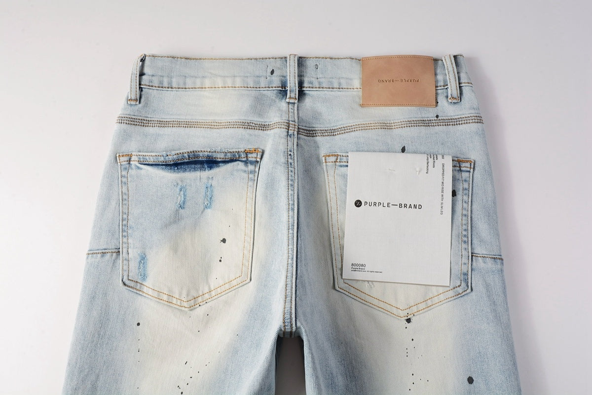 Men's High Street Washed Light Blue Distressed Damaged Holes Ripped Jeans