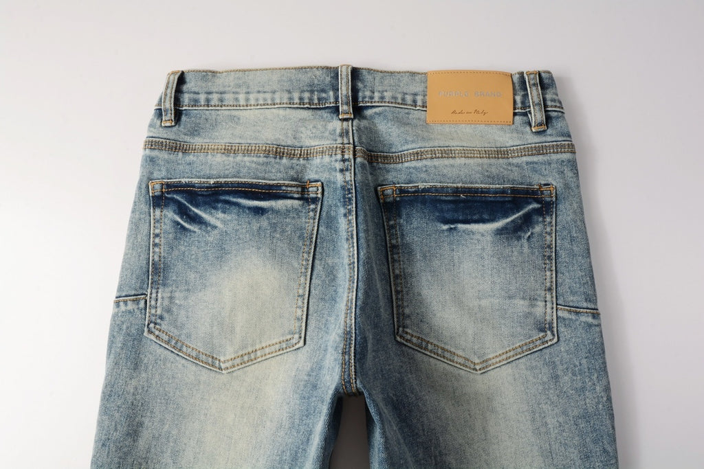 Men's Distressed Light Blue Slim Fit Patchwork Skinny Jeans with Ripped Holes & Button Fly