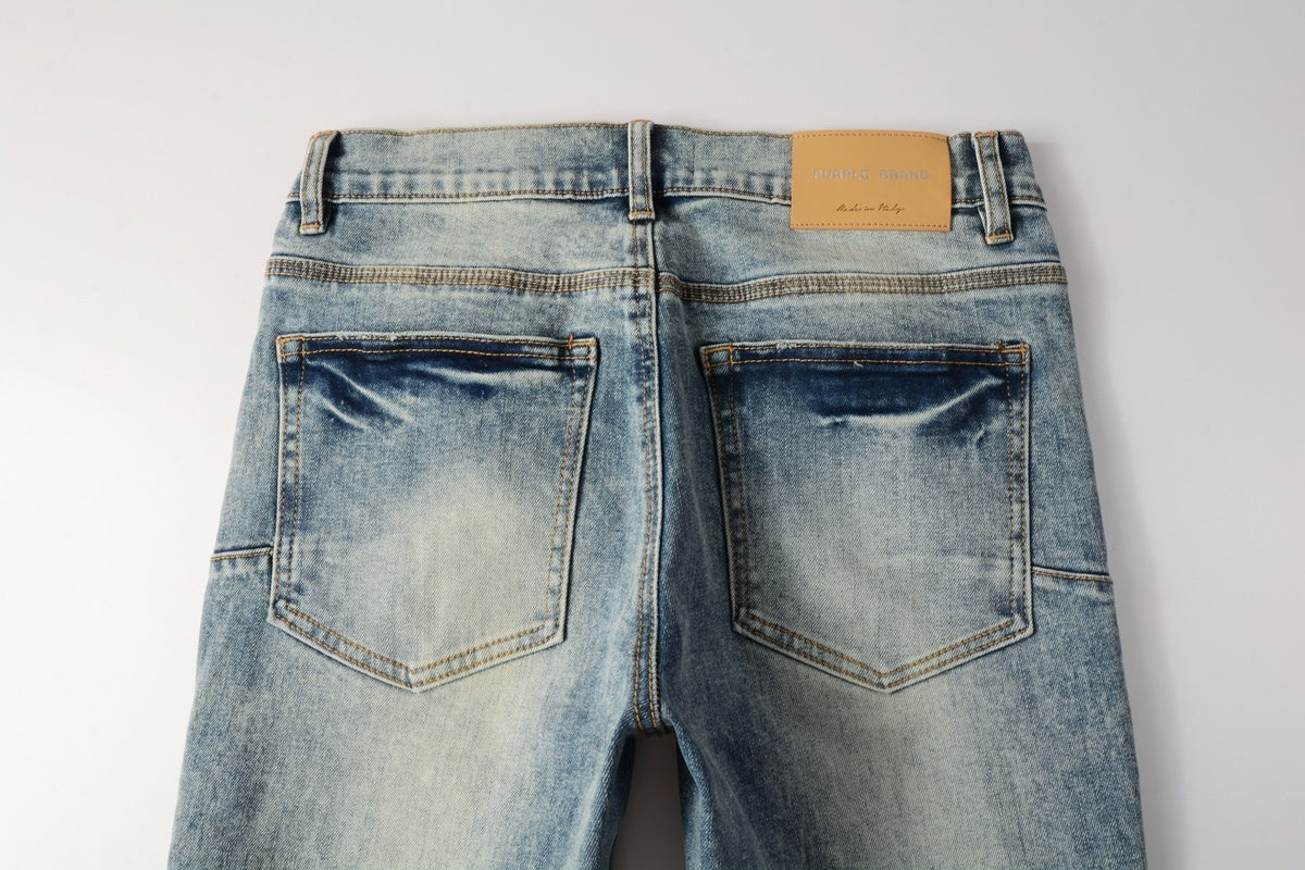 Men's Distressed Light Blue Slim Fit Patchwork Skinny Jeans with Ripped Holes & Button Fly