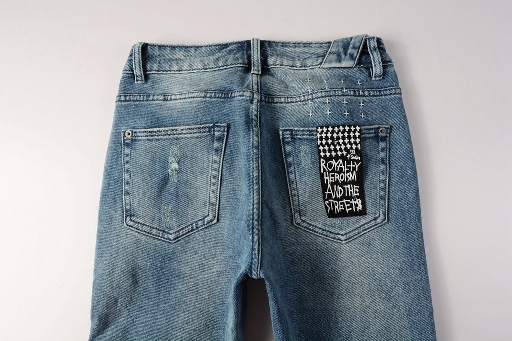Men's Light Wash Multi-Patch Distressed Skinny Jeans - Stretch Denim