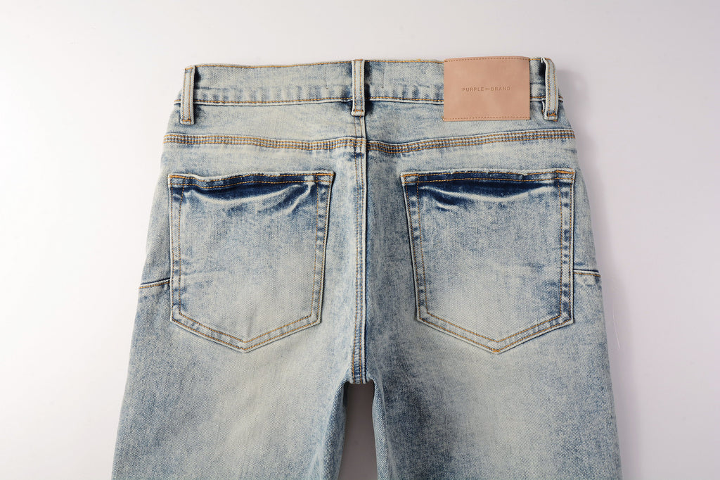 Men's Distressed Light Indigo Skinny Jeans with Ripped Holes & Button Fly