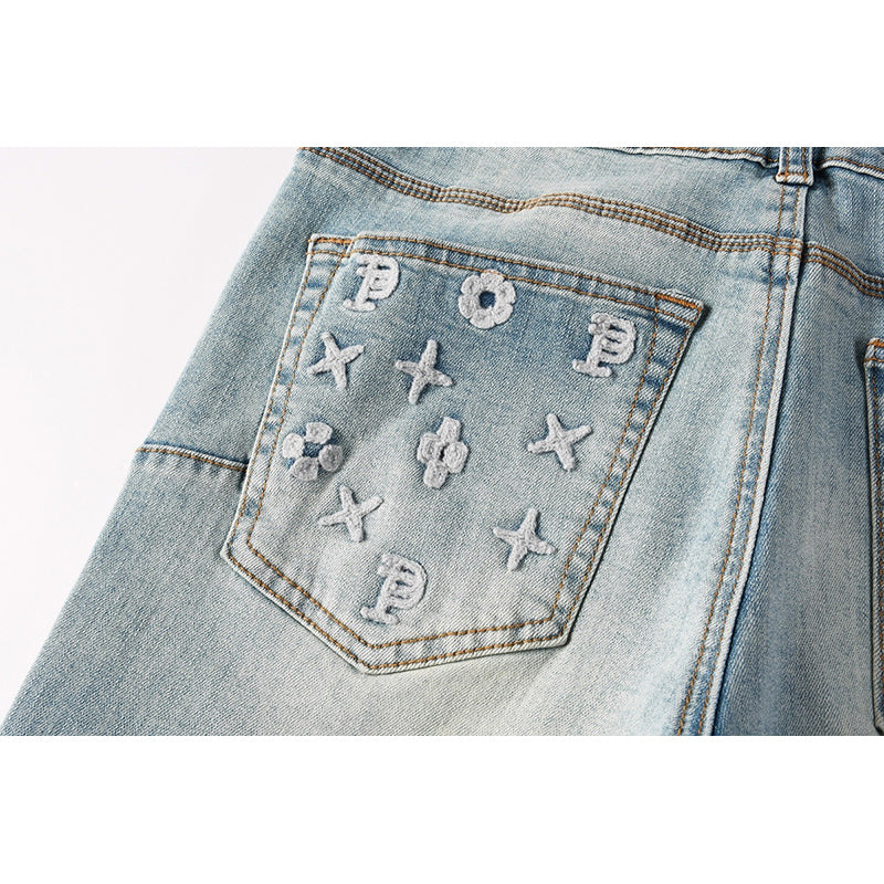 Men's Light Wash Embroidered Letter Skinny Jeans | Streetwear Slim Fit Distressed Denim Pants