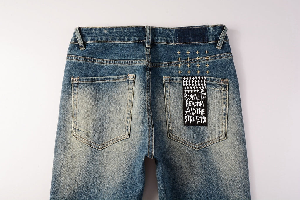 Men's Vintage Blue Multi-Rip Distressed Skinny Jeans - Stretch Denim