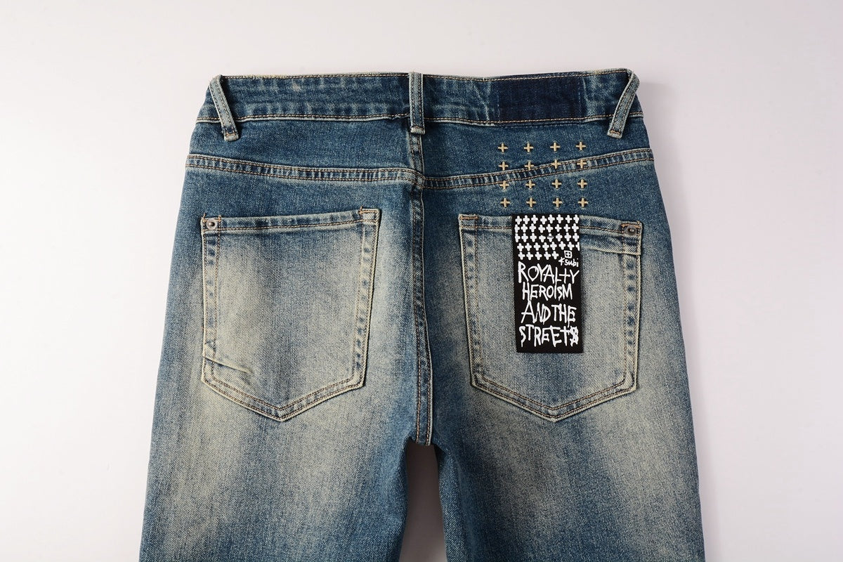 Men's Vintage Blue Multi-Rip Distressed Skinny Jeans - Stretch Denim