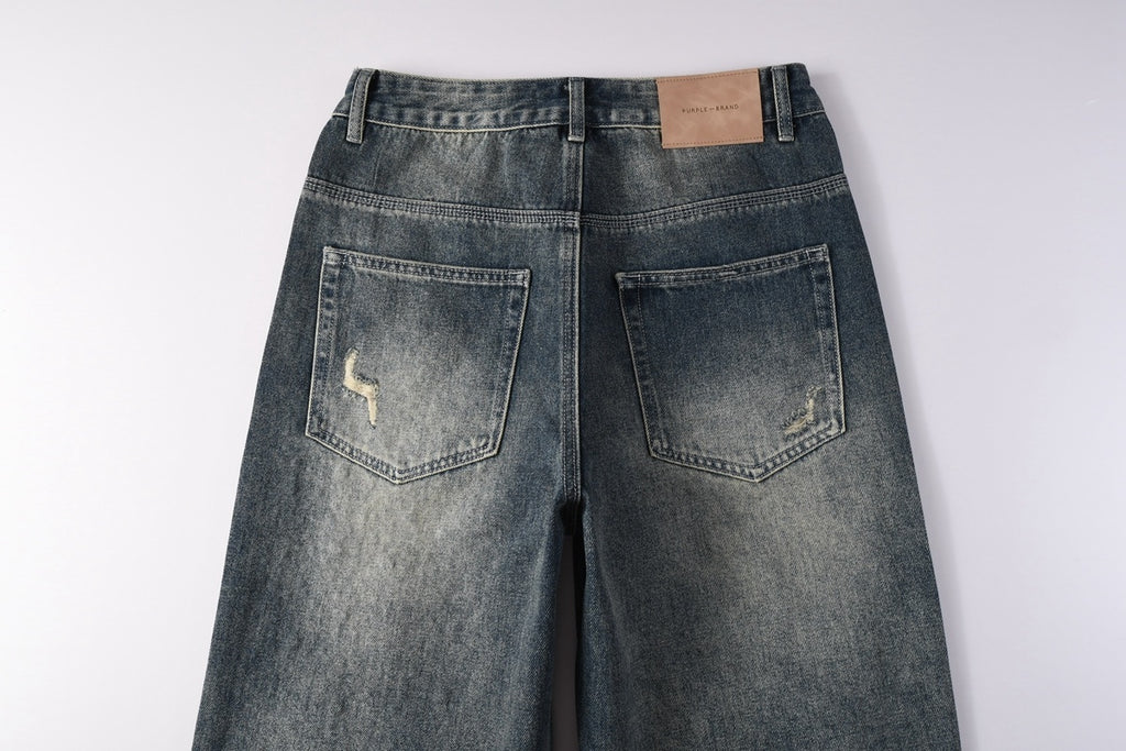 High Street Distressed Blue Rhinestones Baggy Jeans - Loose Ripped Jeans
