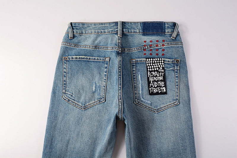 Men’s Ksubi Style Light Blue Patchwork Distressed Skinny Jeans Streetwear Denim
