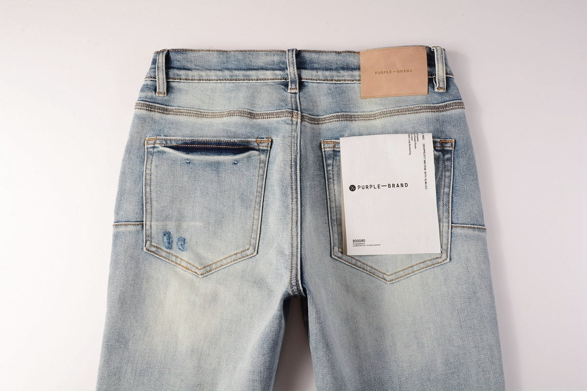 Men's Slim Fit Streetwear Distressed Light Blue Destroyed Holes Patchwork Stretch Ripped Jeans