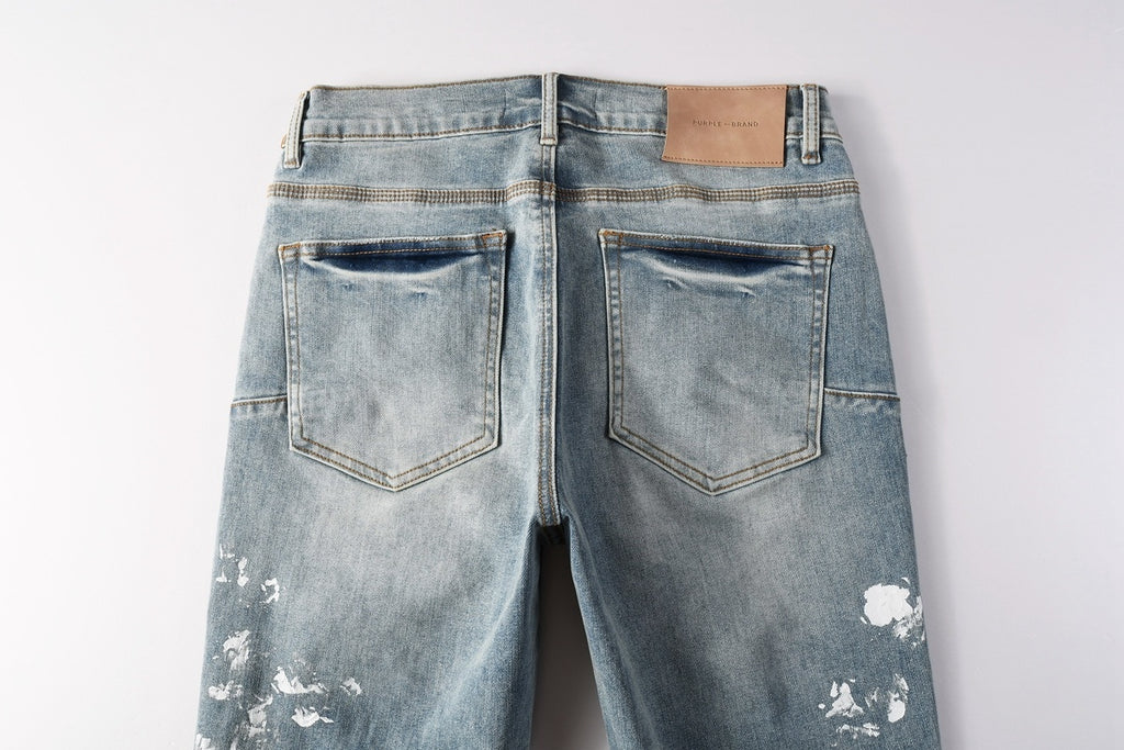 Men's Distressed Light Indigo Skinny Jeans with Graffiti, Ripped Holes & Button Fly