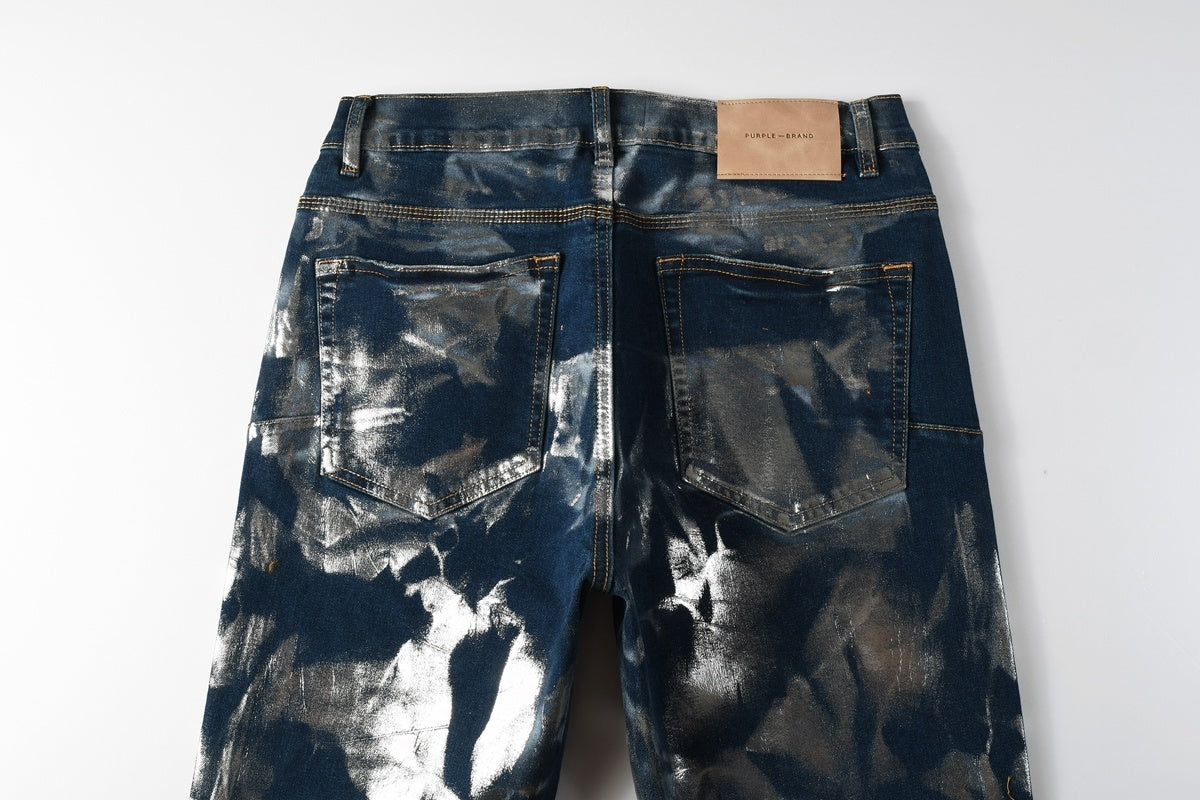 Men's Distressed Blue Skinny Jeans with Silver Coating, Ripped Holes & Button Fly