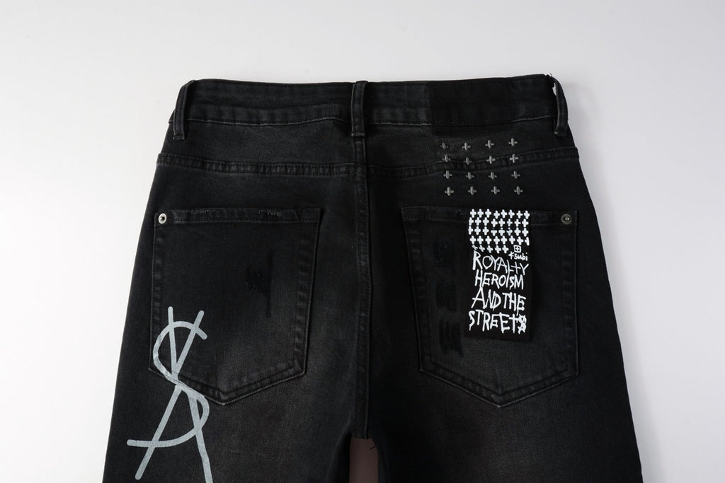 Men's Black Wash Cross-Studded Distressed Skinny Jeans - Stretch Denim