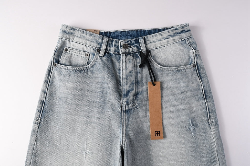 Men’s Light Wash Baggy Jeans - Cross Embroidered Loose Denim