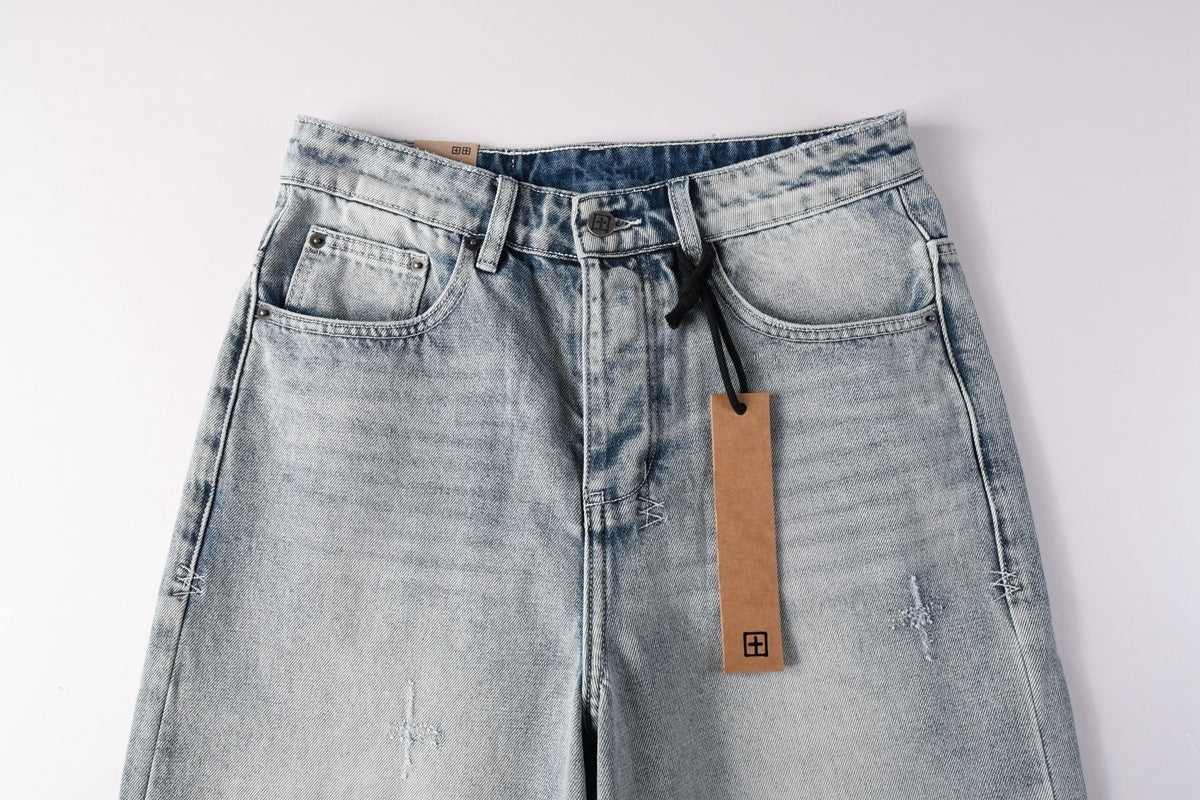 Men’s Light Wash Baggy Jeans - Cross Embroidered Loose Denim