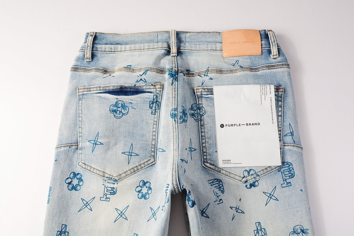 High Street Distressed Blue Laser Patterns Stretch Skinny Ripped Jeans