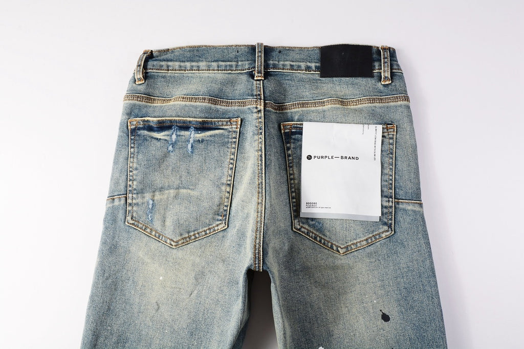 Men's Slim Fit Distressed Light Blue Damaged Holes Blue Patchwork Stretch Ripped Jeans Pants