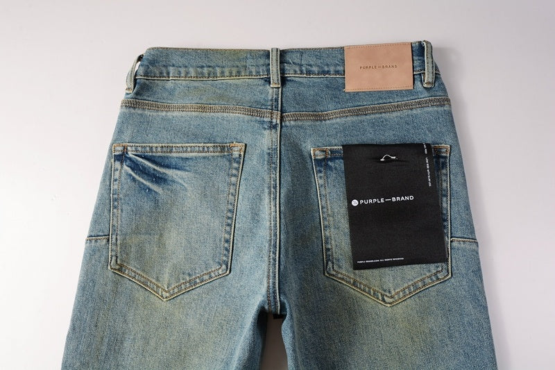 Slim Fit American Men's Distressed Blue Skinny Jeans with Ripped Holes & Button Fly