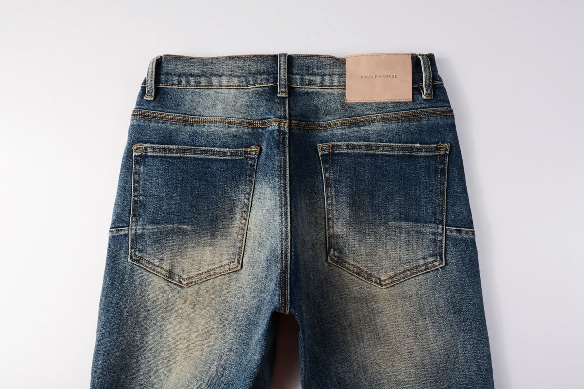 Men's Distressed Dark Blue Skinny Jeans with Button Fly & Ripped Detailing