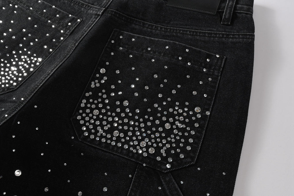 Men's Distressed Black Denim Shorts with Rhinestones, Ripped Holes & Loose Fit