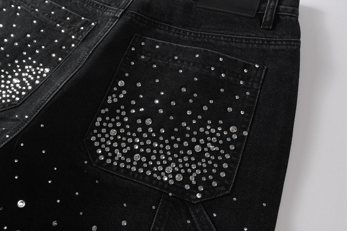 Men's Distressed Black Denim Shorts with Rhinestones, Ripped Holes & Loose Fit