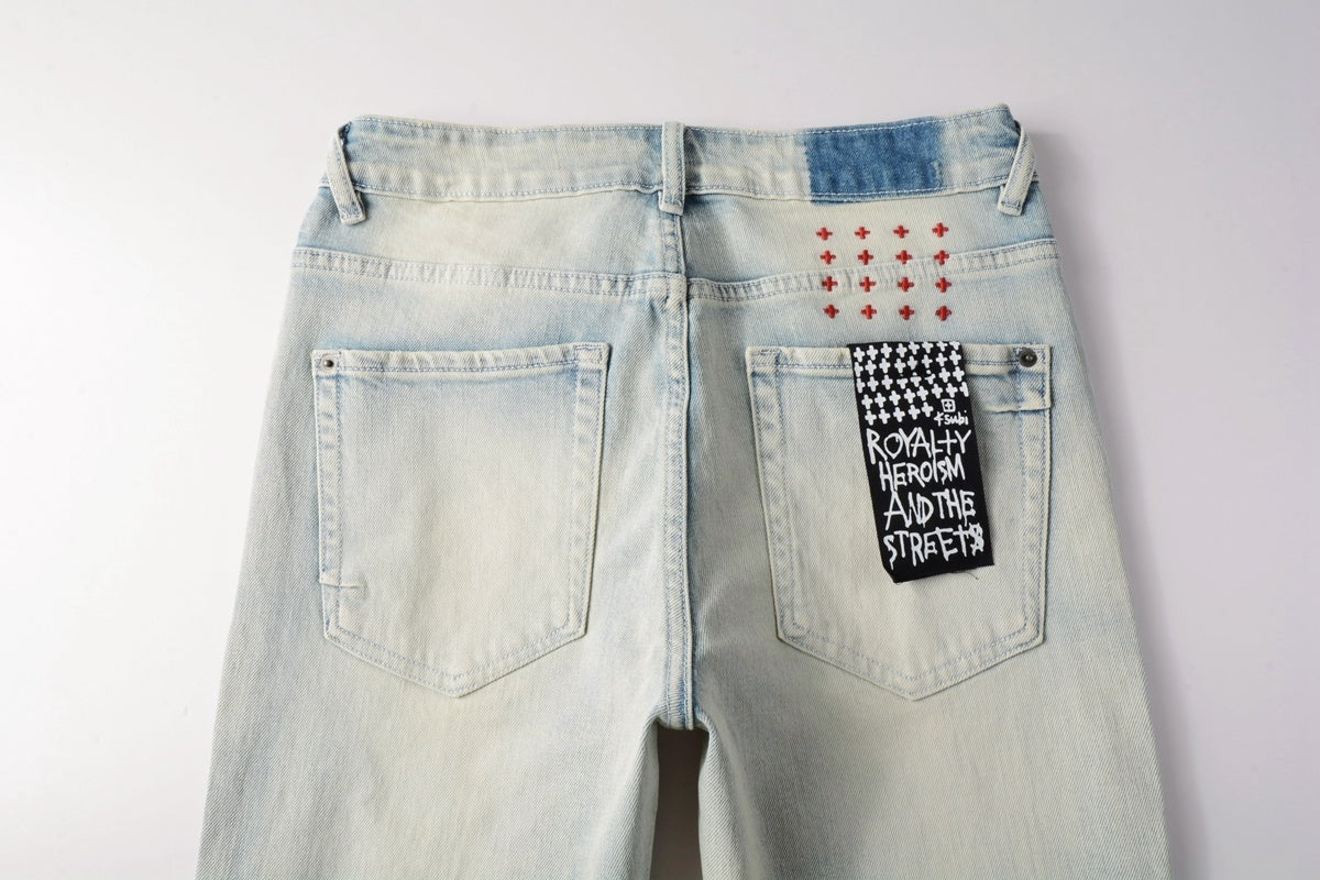Men's Light Wash Minimal Embroidered Skinny Jeans - Stretch Denim