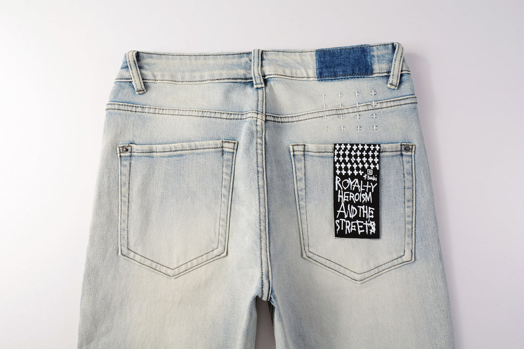 Men's Light Wash Graphic Print Distressed Skinny Jeans - Stretch Denim