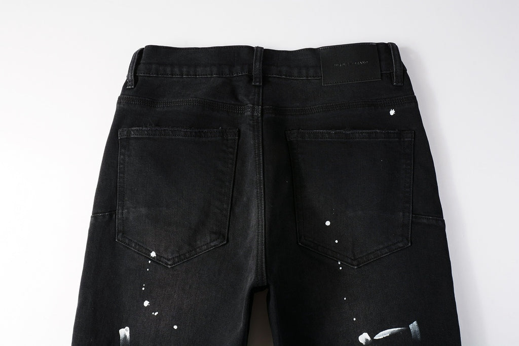 Men's Distressed Black Skinny Jeans with Graffiti Print, Ripped Holes & Button Fly