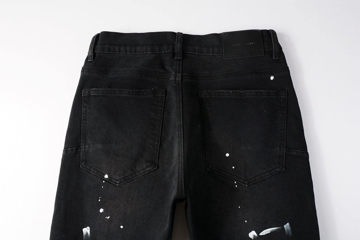 Men's Distressed Black Skinny Jeans with Graffiti Print, Ripped Holes & Button Fly