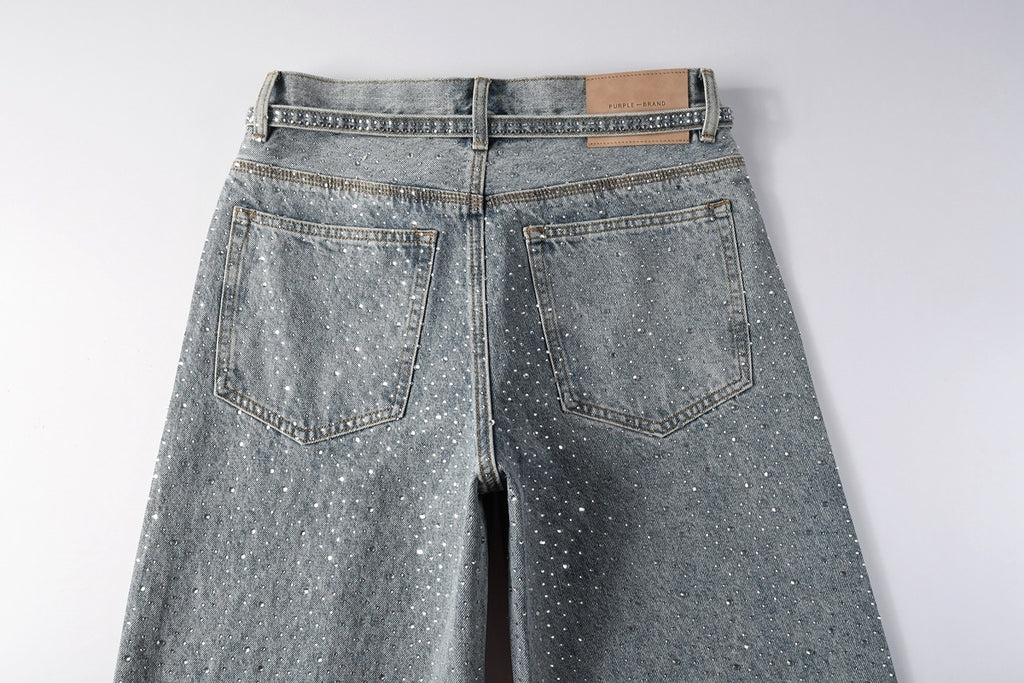 Men’s Baggy Light Blue Rhinestone Jeans – Loose Fit Wide Leg Denim