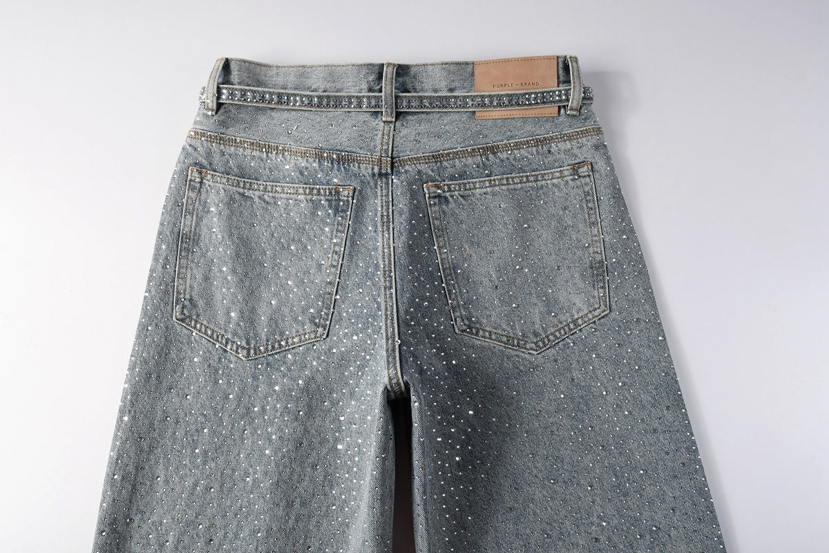 Men’s Baggy Light Blue Rhinestone Jeans – Loose Fit Wide Leg Denim