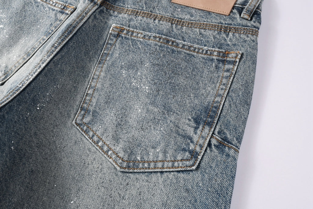 Men's Loose Distressed Blue Baggy Jeans with Coated Finish, Ripped Details & Stretch Fit