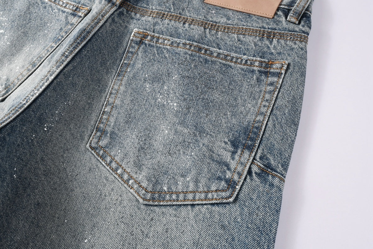 Men's Loose Distressed Blue Baggy Jeans with Coated Finish, Ripped Details & Stretch Fit