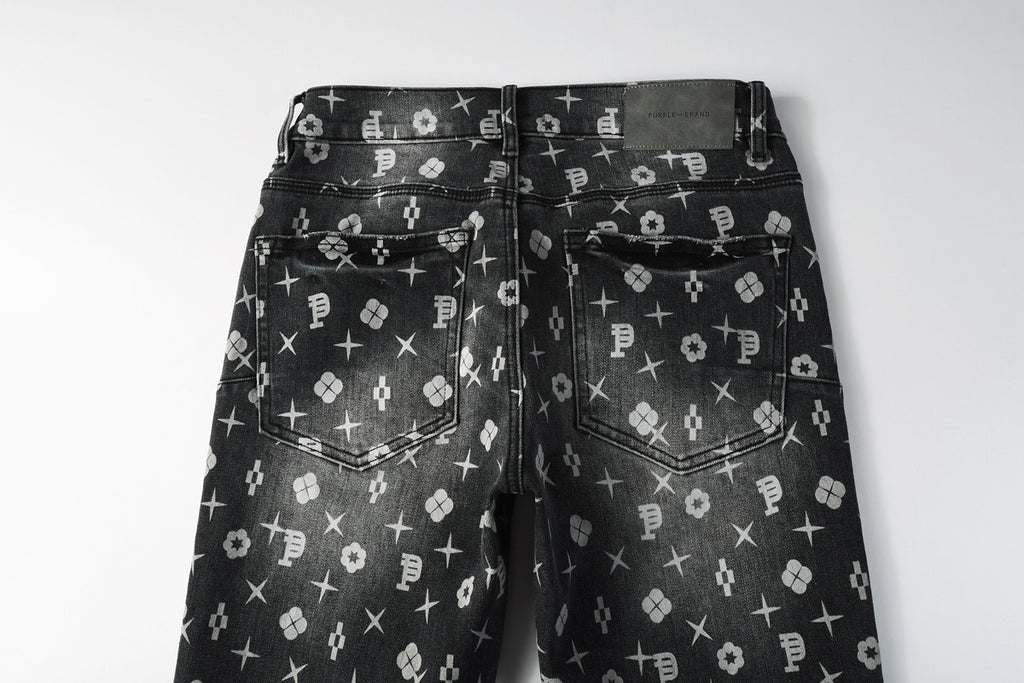 Distressed Skinny Jeans with Laser Print Patterns & Ripped Holes & Button Fly