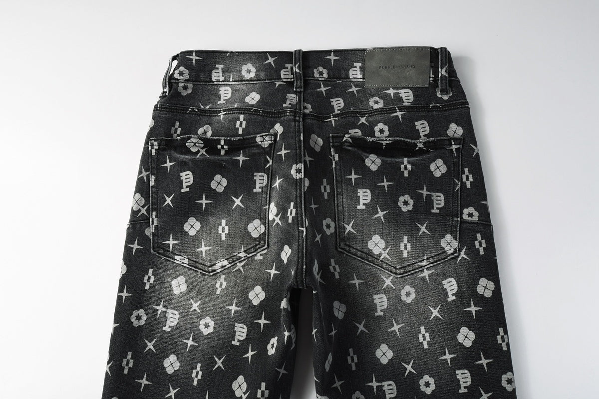 Distressed Skinny Jeans with Laser Print Patterns & Ripped Holes & Button Fly