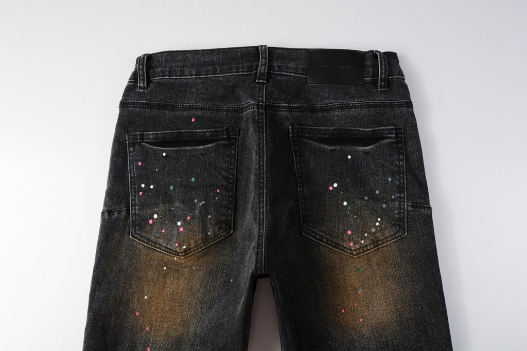 American Vintage Men's Distressed Dark Gray Skinny Jeans with Spray Paint & Ripped Holes