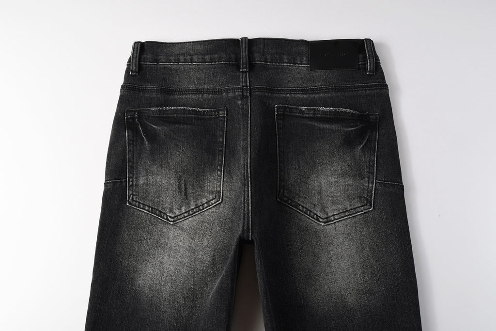 Men's Distressed Black Gray Skinny Jeans with Patchwork, Ripped Holes & Button Fly