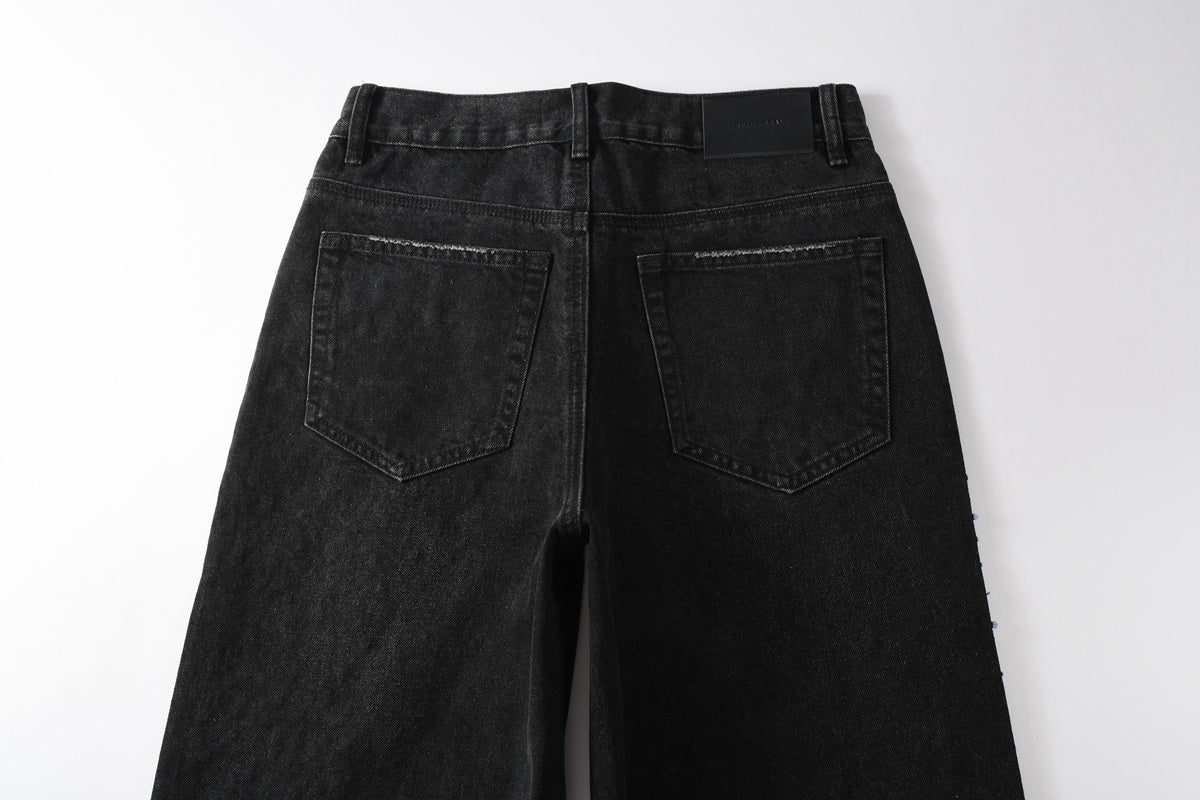 Men's Distressed Black Baggy Jeans with Rhinestones & Street Style