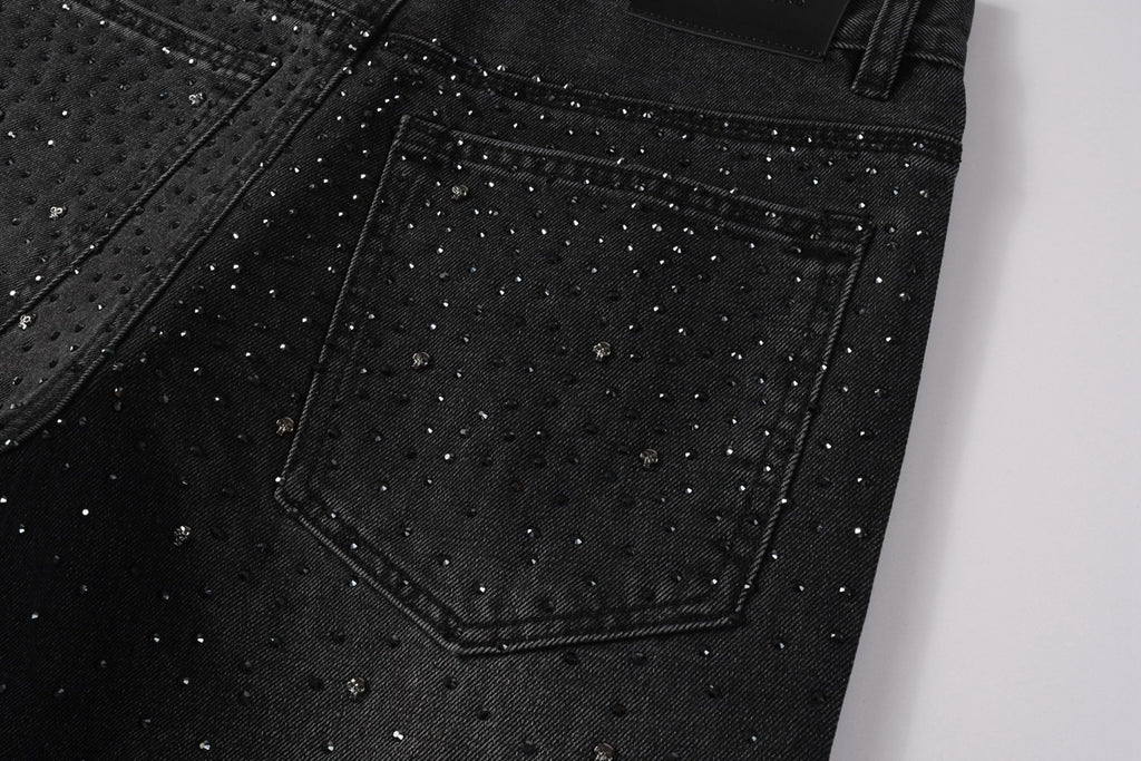 Men's High Street Fashion Black Distressed Baggy Jeans with Rhinestone Detailing & Loose Fit