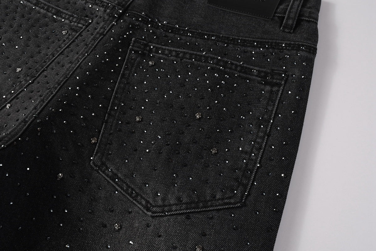 Men's High Street Fashion Black Distressed Baggy Jeans with Rhinestone Detailing & Loose Fit