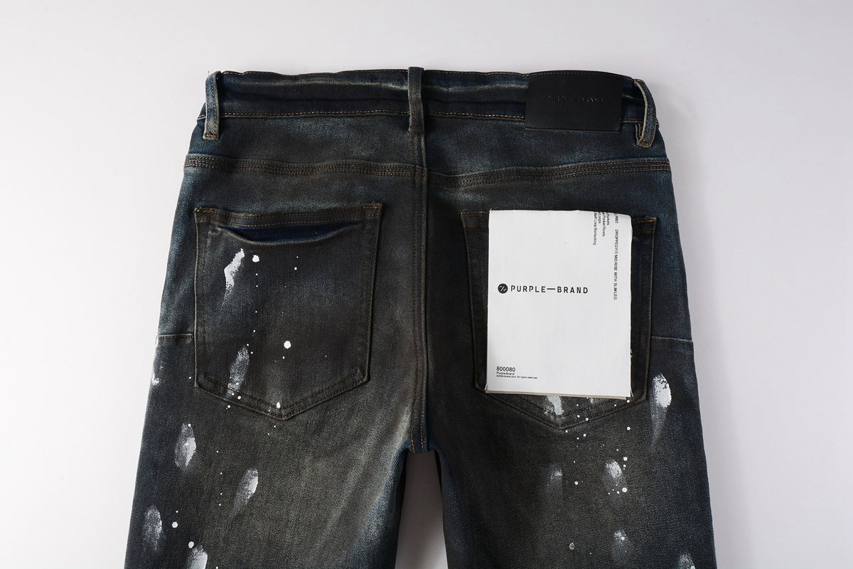 Men's High Street Distressed Black Spray Painted Stretch Slim Fit Ripped Jeans