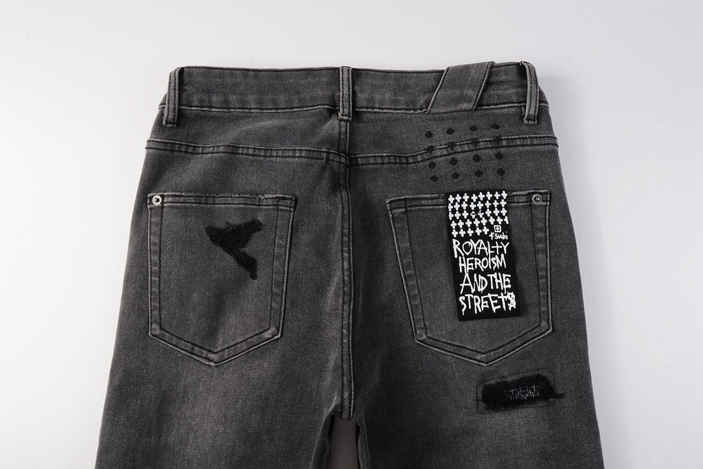 Men's Grey Wash Bandana Patch Distressed Skinny Jeans - Stretch Denim