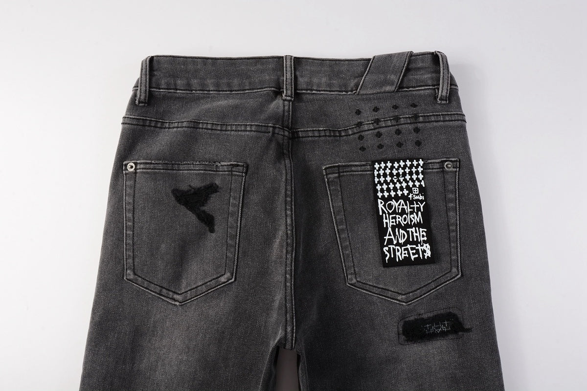 Men's Grey Wash Bandana Patch Distressed Skinny Jeans - Stretch Denim