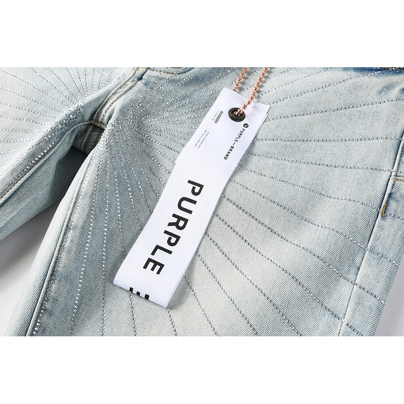Men's Light Wash Sunburst Rhinestone Skinny Jeans | Streetwear Distressed Slim Fit Denim Pants