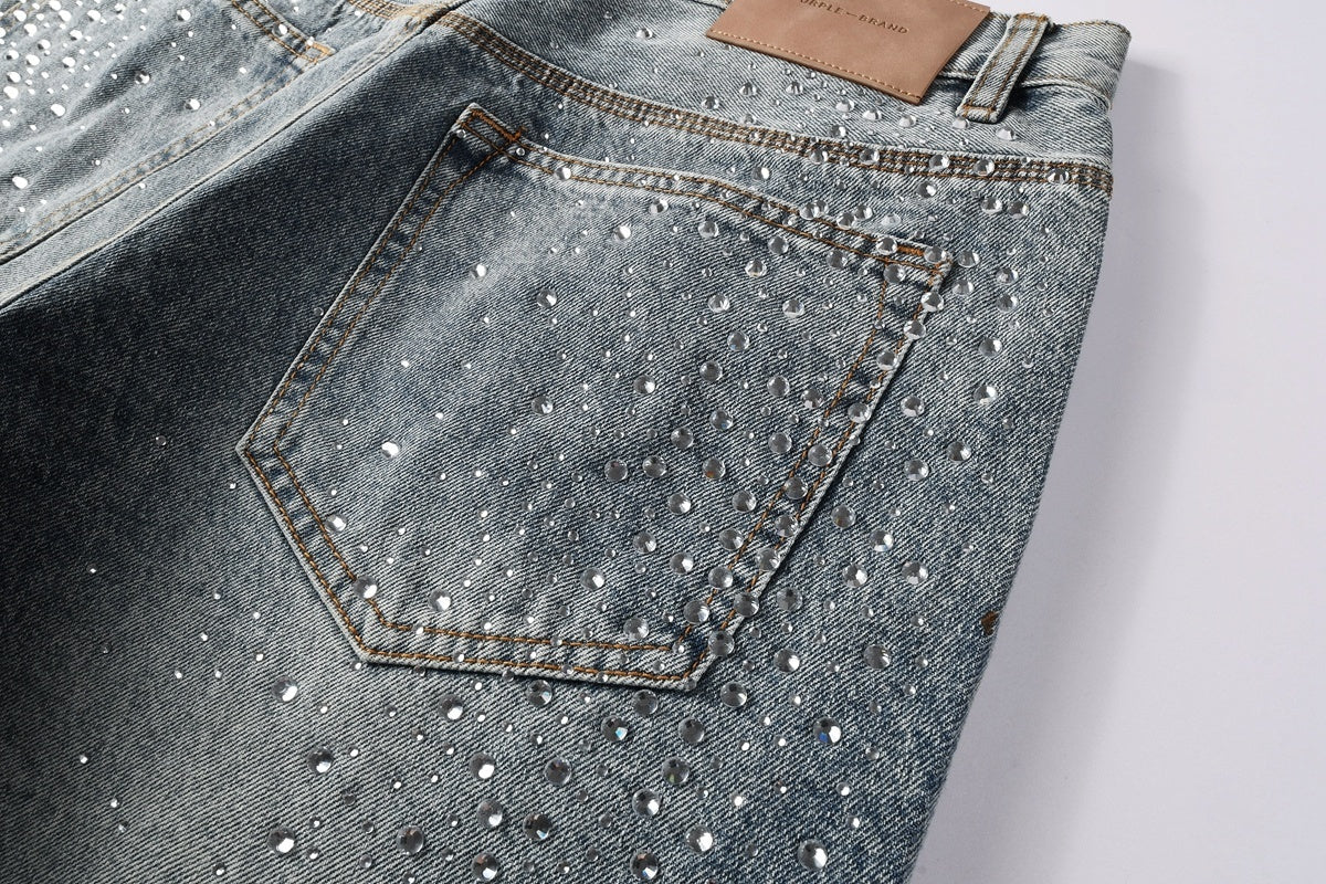Men's Washed Distressed Blue Denim Shorts with Rhinestones, Ripped Details & Loose Fit
