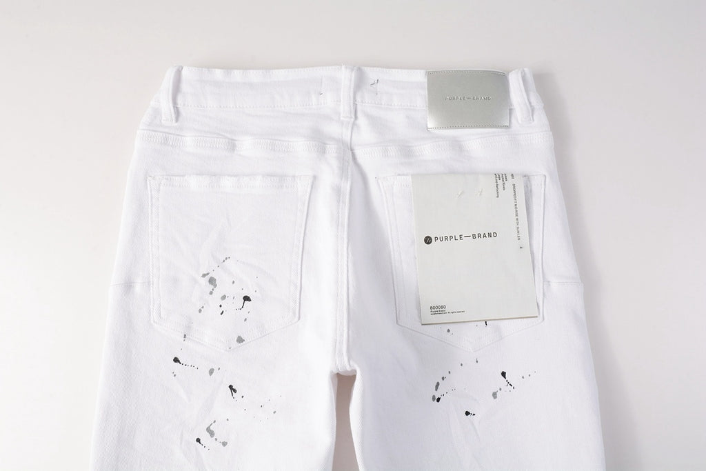 Men's White Distressed Damaged Holes High Stretch Slim Fit Spray Paint Ripped Jeans