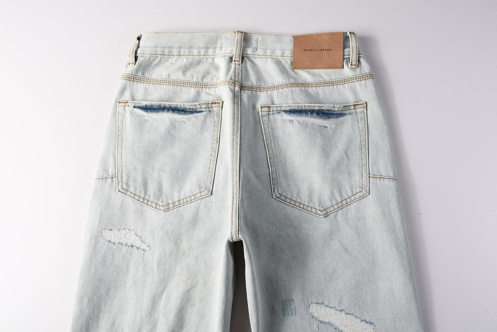 Men's Wide Leg Distressed Blue Jeans with Bandanna Patchwork, Ripped Holes & Button Fly