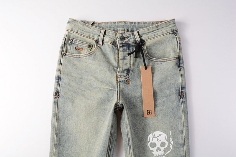 Men’s Vintage Light Wash Skull Print Skinny Jeans - Streetwear Denim Pants