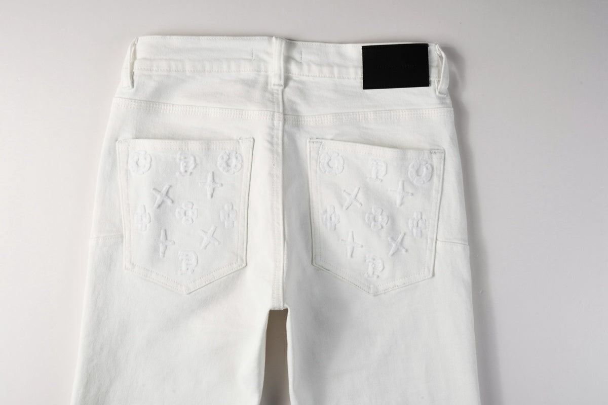 Men's Distressed White Skinny Jeans with Embroidered Patterns & Ripped Holes & Button Fly