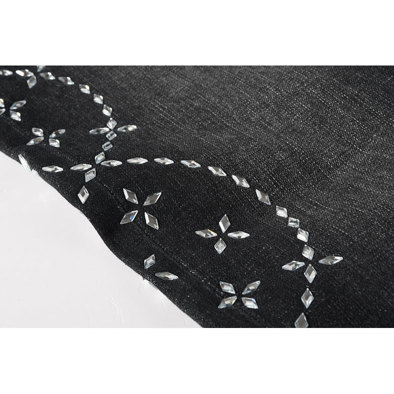 Men's Black Washed Bandana Rhinestone Skinny Jeans | Streetwear Slim Fit Embellished Denim Pants