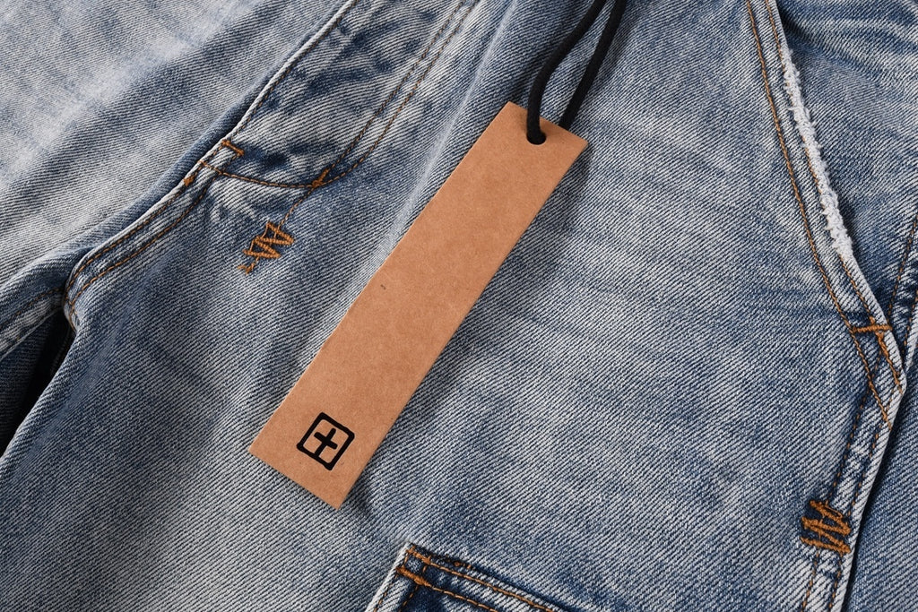 Men’s Light Wash Cargo Jeans - Baggy Utility Denim Pants