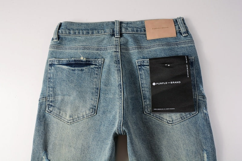 Men's Distressed Light Blue Graffiti Ripped Skinny Jeans with Button Fly & Damaged Holes